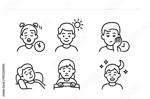 Sleep and mood outline icons set – linear style symbols for well-being and daily routine: yawning, morning, drowsy, sleeping, insomnia, night