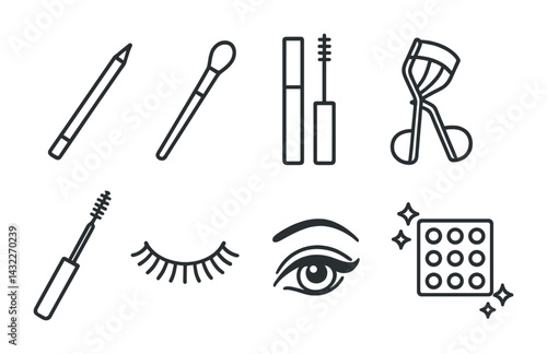 Cosmetic and beauty linear icons set – outline style makeup, skincare, and fashion symbols for design: pencil, brush, mascara, curler, lash, eye, palette.