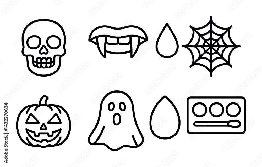 Halloween icon set – outline style spooky, horror, and festive symbols for celebrations: skull, vampire teeth, blood drop, spider web, pumpkin, ghost, makeup kit Halloween icon set – outline style spooky, horror, and festive symbols for celebrations: skull, vampire teeth, blood drop, spider web, pumpkin, ghost, makeup kit