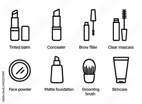 Beauty and makeup line icons – outline style cosmetic tools, skincare essentials, and makeup application symbols: lipstick, concealer, mascara, face powder, foundation, brush.