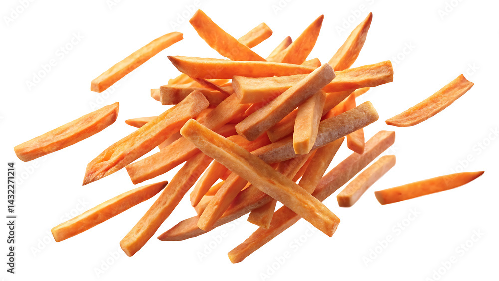 Delicious golden sweet potato fries isolated on a clean transparent background Delicious golden sweet potato fries isolated on a clean transparent background