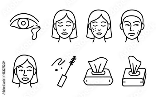 Skin care and beauty outline icon set – linear style for cosmetics, wellness, and facial routine: tear drop eye, meditating face, acne face, scarred face, makeup brush, tissue box