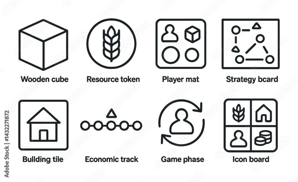 Board game essentials icon set – outline style gaming, strategy, and organization symbols for tabletop enthusiasts: cube, token, mat, board, tile, track, phase, icon. Board game essentials icon set – outline style gaming, strategy, and organization symbols for tabletop enthusiasts: cube, token, mat, board, tile, track, phase, icon.