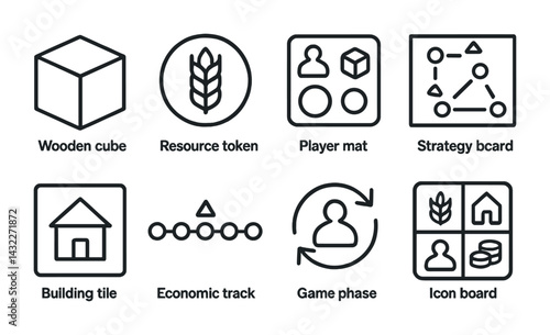Board game essentials icon set – outline style gaming, strategy, and organization symbols for tabletop enthusiasts: cube, token, mat, board, tile, track, phase, icon.