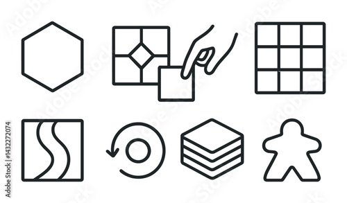 Board game line icons set – outline style for strategy and fun play: hex tile, resource card, meeple, stack chips, tokens, rulebook, score pad, dice
