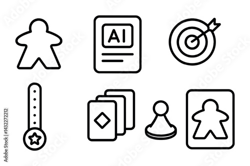 Board game icons set – outline style for strategy, fun, and entertainment: meeple, game card, target, badge, dice, pawn, player token, ai card