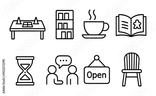 Library and reading outline icons set – linear style book, literature, and study symbols for education: bookshelves, coffee cup, open book, hourglass, conversation, open sign, chair.