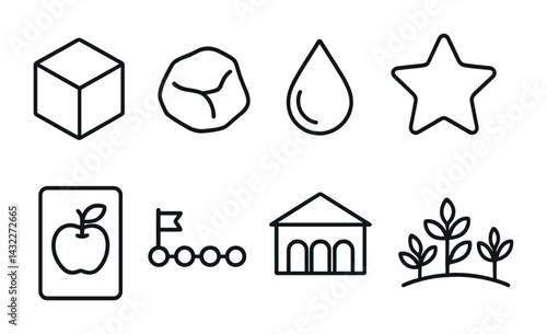 Essential education and learning line icons – outline style for academic, instruction, and study materials: cube, drop, star, apple card, museum, plants.