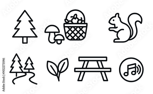 Nature and outdoor activities icon set – outline style for camping, hiking, and leisure symbols: tree, mushroom, basket, squirrel, picnic table, music note, trail