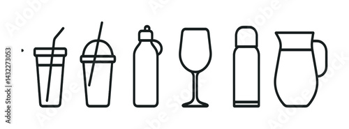 Beverage icons set – outline style drinkware, hydration, and refreshment graphics: cup, bottle, glass, tumbler, jug, thermos, pitcher