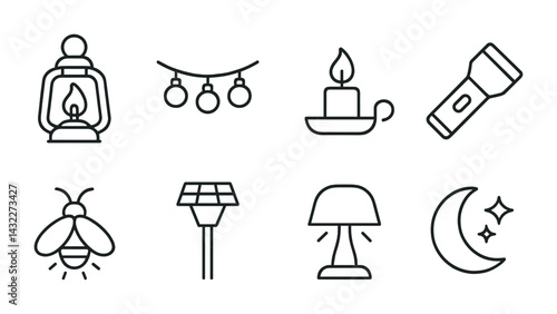 Outdoor lighting outline icon set – line art illumination, decoration, and ambiance symbols: lantern, string lights, candle, flashlight, firefly, solar light, desk lamp, moon