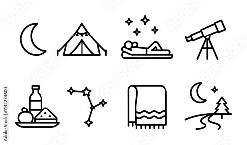 Camping and stargazing icon set – outline style: outdoor adventure, night sky exploration symbols for nature lovers: tent, moon, telescope, sleeping bag, constellations.