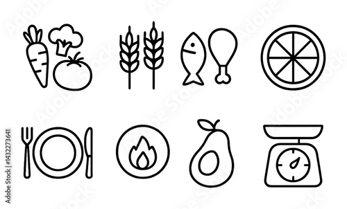 Healthy food outline icons set – flat style nutrition and diet symbols for wellness and meal planning: vegetables, grains, fish, meat, citrus, dining set, fire, avocado, scale.