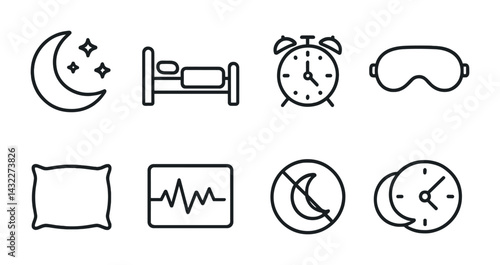 Sleep and relaxation outline icons set – linear style meditation, rest, and wellness symbols for mental health: moon, bed, alarm clock, sleep mask, pillow, sleep cycle, night mode, rest time.