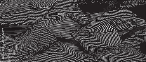 Monochrome texture composed of irregular graphic elements. Distressed uneven grunge background. Abstract vector illustration. Overlay for interesting effect and depth. Isolated on white background.