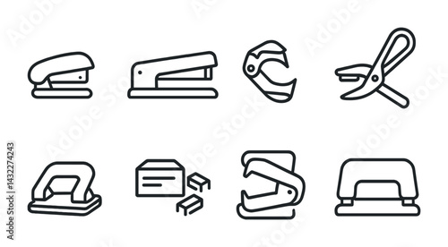 Office supplies outline icon set – linear style for workspace organization and stationery management: stapler, scissors, hole punch, tape dispenser, envelope, binder clips