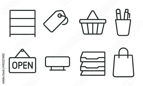 Shopping and retail linear icons set – outline style e-commerce, store, and mall symbols for business branding: shelf, tag, basket, pen holder, open sign, display, folder, shopping bag.