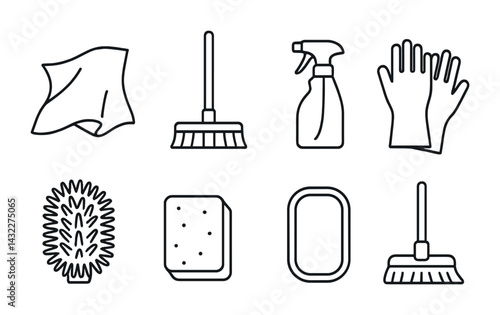 Household cleaning icons set – outline style for home sanitization and maintenance: cleaning cloth, broom, spray bottle, gloves, scrub brush, sponge, dustpan, mop.