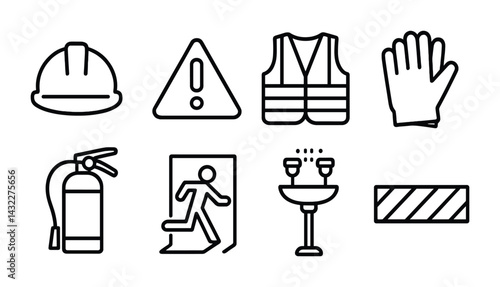 Workplace safety outline icons set – linear style ehs, risk management, and compliance symbols for safety planning: hard hat, warning sign, safety vest, gloves, fire extinguisher, exit sign, safety