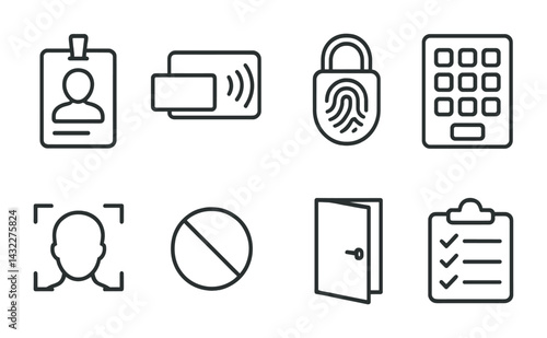 Security and access control icon set – line style surveillance, identification, and safety symbols for secure environments: id card, rfid, fingerprint, keypad, facial recognition, no entry, door,