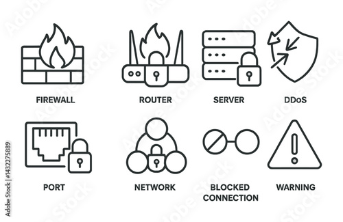 Cybersecurity outline icon set – linear protection, security, and network symbols for it safety: firewall, router, server, ddos, port, network, blocked connection, warning.