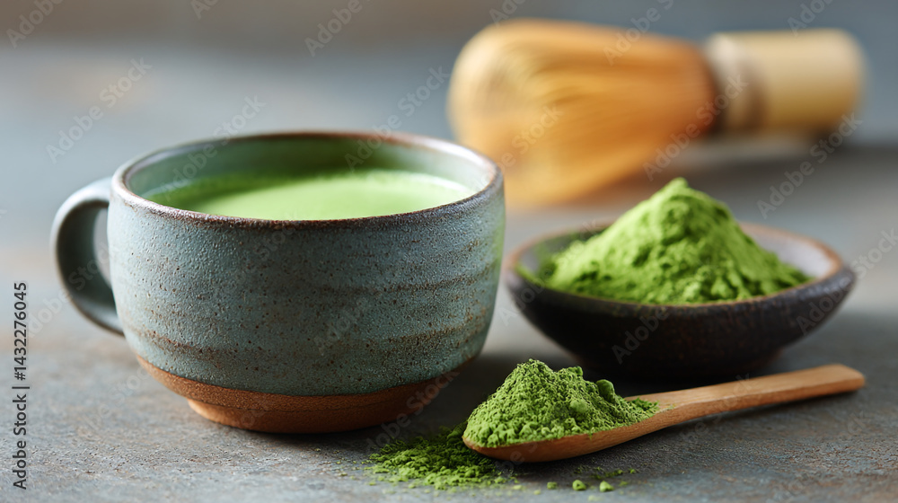 A delicious matcha tea set with powder and whisk for healthy lifestyle and wellness drink preparation A delicious matcha tea set with powder and whisk for healthy lifestyle and wellness drink preparation