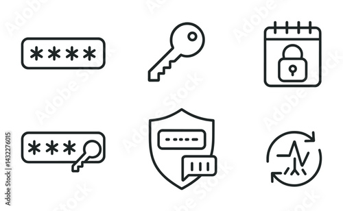 Cybersecurity and data protection icon set – line style symbols for online safety, encryption, and privacy: password, key, secure calendar, shield, data sync.