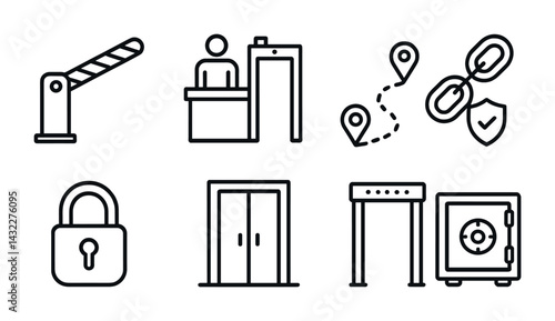 Security and access control outline icons set – linear style protection, surveillance, and safety symbols for secure environments: barrier gate, guard station, route, padlock, metal detector, vault.
