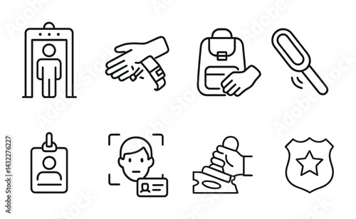 Security and safety outline icons set – line style protection, surveillance, and access control symbols: metal detector, handcuffs, backpack, magnifying glass, id badge, face recognition, stamp,