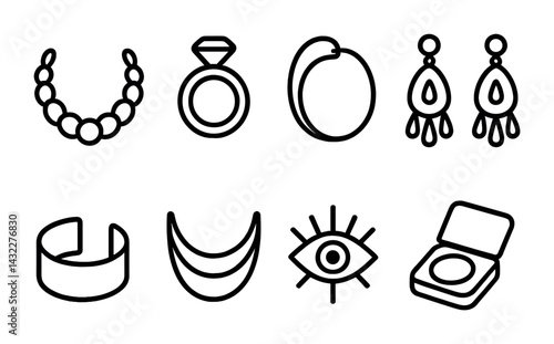 Jewelry vector icons set – outline style accessories, fashion, beauty symbols: necklace, ring, earrings, bracelet, eye, jewelry box