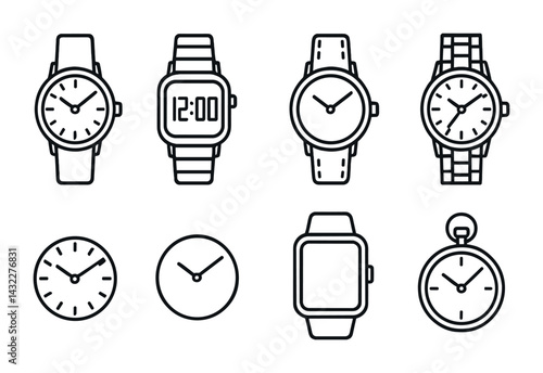 Watch and clock outline icons set – linear style timepieces, chronographs, and wristwatches: analog watch, digital watch, stopwatch, wall clock, pocket watch, timer.