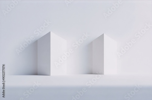 Wallpaper Mural Minimalist 3D render of two white, geometric shapes resembling folded paper or abstract avatars against a clean, white background.  Subtle shadows add depth. Torontodigital.ca