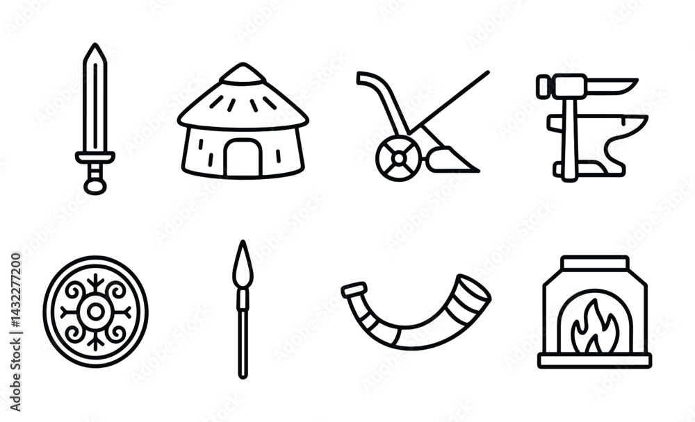 Fototapeta premium Medieval tools and weapons icon set – outline style history, ancient crafts, and warfare symbols: sword, hut, plow, anvil, shield, spear, horn, fireplace.