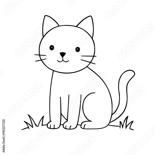 Cute cartoon cat sitting in grass for coloring book  