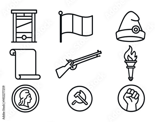 American revolution icon set – outline style symbols for history, independence, and patriotism: flag, tricorne hat, musket, torch, scroll, guillotine, fist