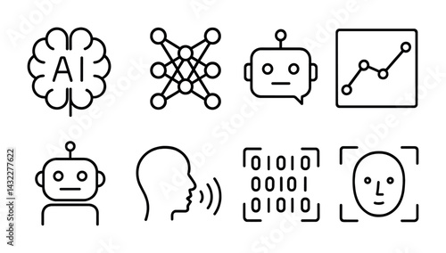 Artificial intelligence outline icon set – linear machine learning, robotics, and data analysis symbols: ai, neural network, chatbot, analytics
