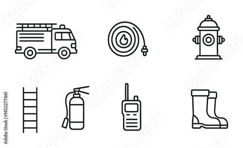 Firefighting outline icon set – linear safety, emergency, and rescue symbols for emergency planning: fire truck, hose, hydrant, ladder, extinguisher, radio, boots.