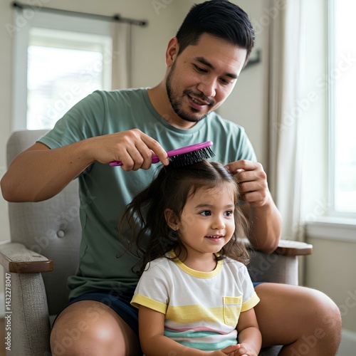 Father brushing his daughter's hair with love and care