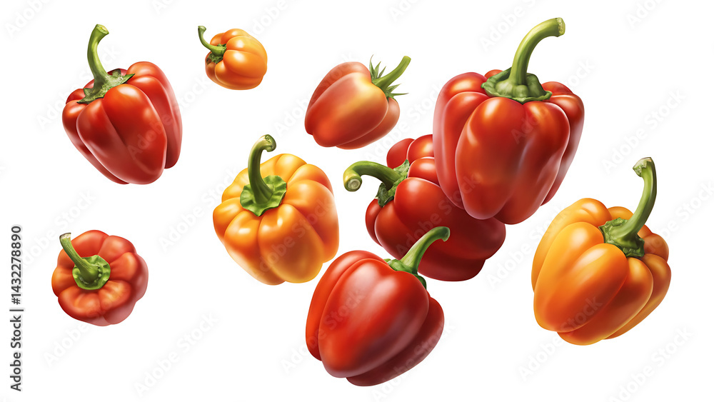 An Assortment of Vibrant Red and Orange Bell Peppers on White An Assortment of Vibrant Red and Orange Bell Peppers on White