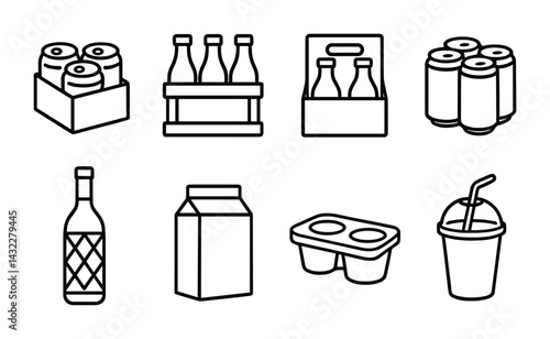 Beverage packaging line icons set – outline style symbols for drinks, containers, and eco-friendly packaging: soda cans, glass bottles, milk carton, juice pack, wine bottle, plastic crate.