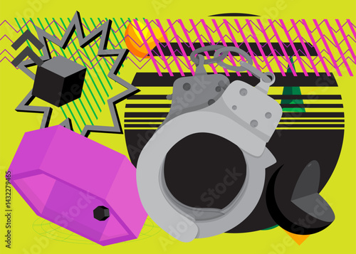Handcuffs geometrical graphic retro theme background. Minimal geometric elements. Vintage abstract shapes vector illustration.