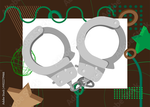 Handcuffs geometrical graphic retro theme background. Minimal geometric elements. Vintage abstract shapes vector illustration.