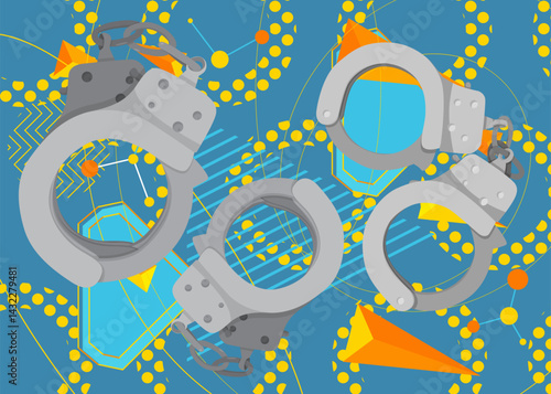Handcuffs geometrical graphic retro theme background. Minimal geometric elements. Vintage abstract shapes vector illustration.