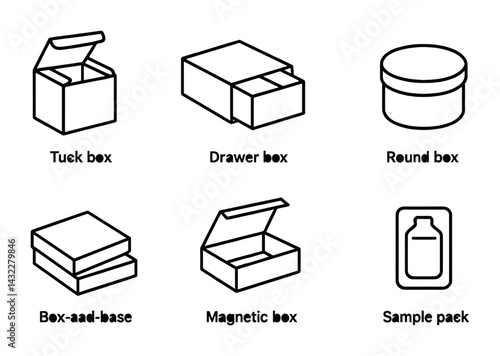 Packaging icons set – linear style for business, design, and branding solutions: tuck box, drawer box, round box, box-and-base, magnetic box, sample pack