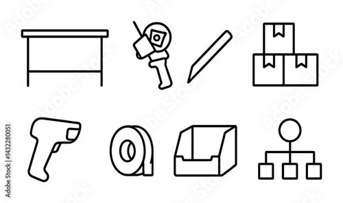 Warehouse management line icons set – outline style logistics, packing, and supply chain symbols: packing table, tape dispenser, barcode scanner, box cutter, boxes, bin, flowchart.