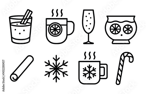 Festive drinks outline icon set – linear style holiday beverages, cocktails, and winter symbols for celebrations: hot toddy, mulled wine, champagne, punch, candy cane