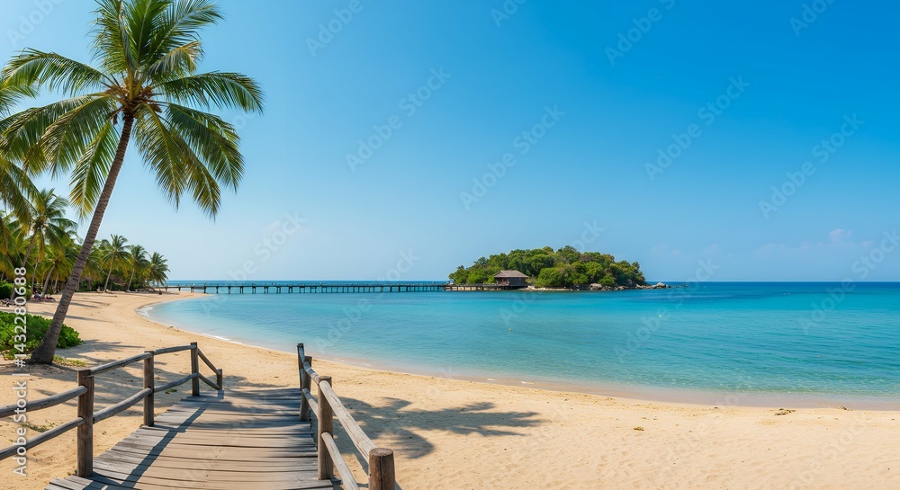 Fototapeta premium calm extensive natural setting featuring unusual coastal area blue green colored body saltwater constructed timber walkway extending ideal island location palm trees sun drenched granular surface