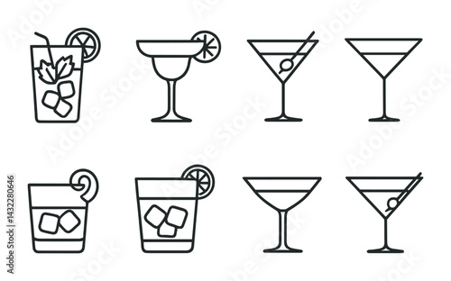 Cocktail drinks outline icon set – line style beverage, mixology, and party symbols for bar menus: margarita, martini, mojito, whiskey, cocktail glass, lemon slice