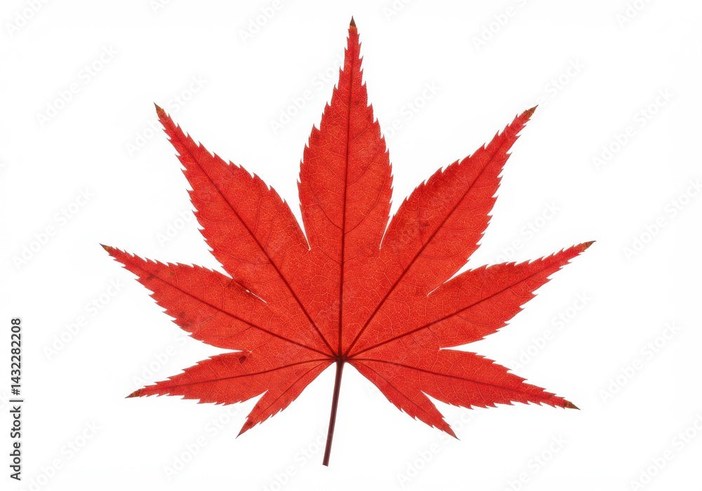 Single red maple leaf centered on white background Single red maple leaf centered on white background