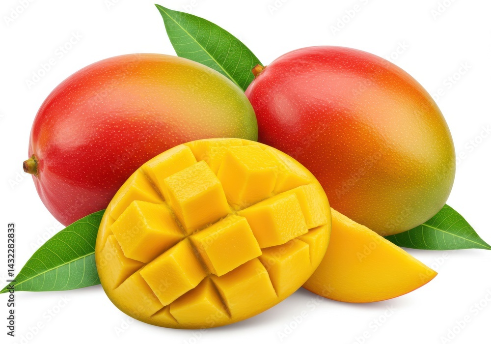 Ripe mangoes with slice on white background Ripe mangoes with slice on white background